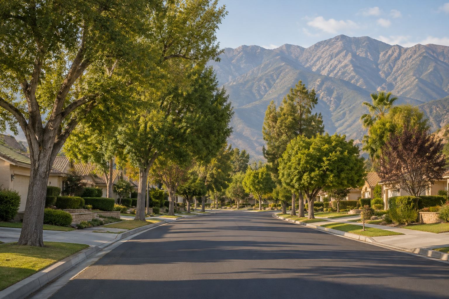 A tree lined Rancho Cucamonga street, illustrative