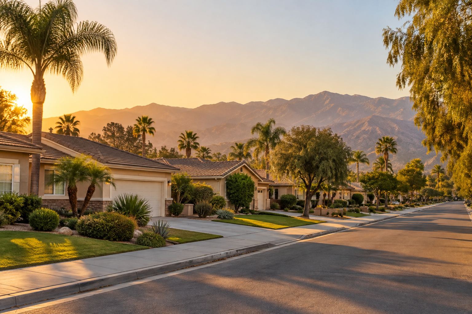 A Rancho Cucamonga neighborhood street at golden hour with San Gabriel foothills behind, illustrative