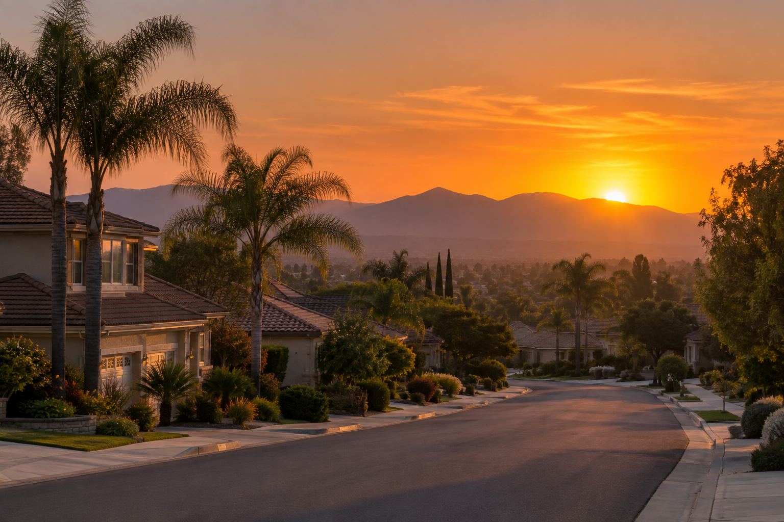 An Inland Empire street at sunset, illustrative