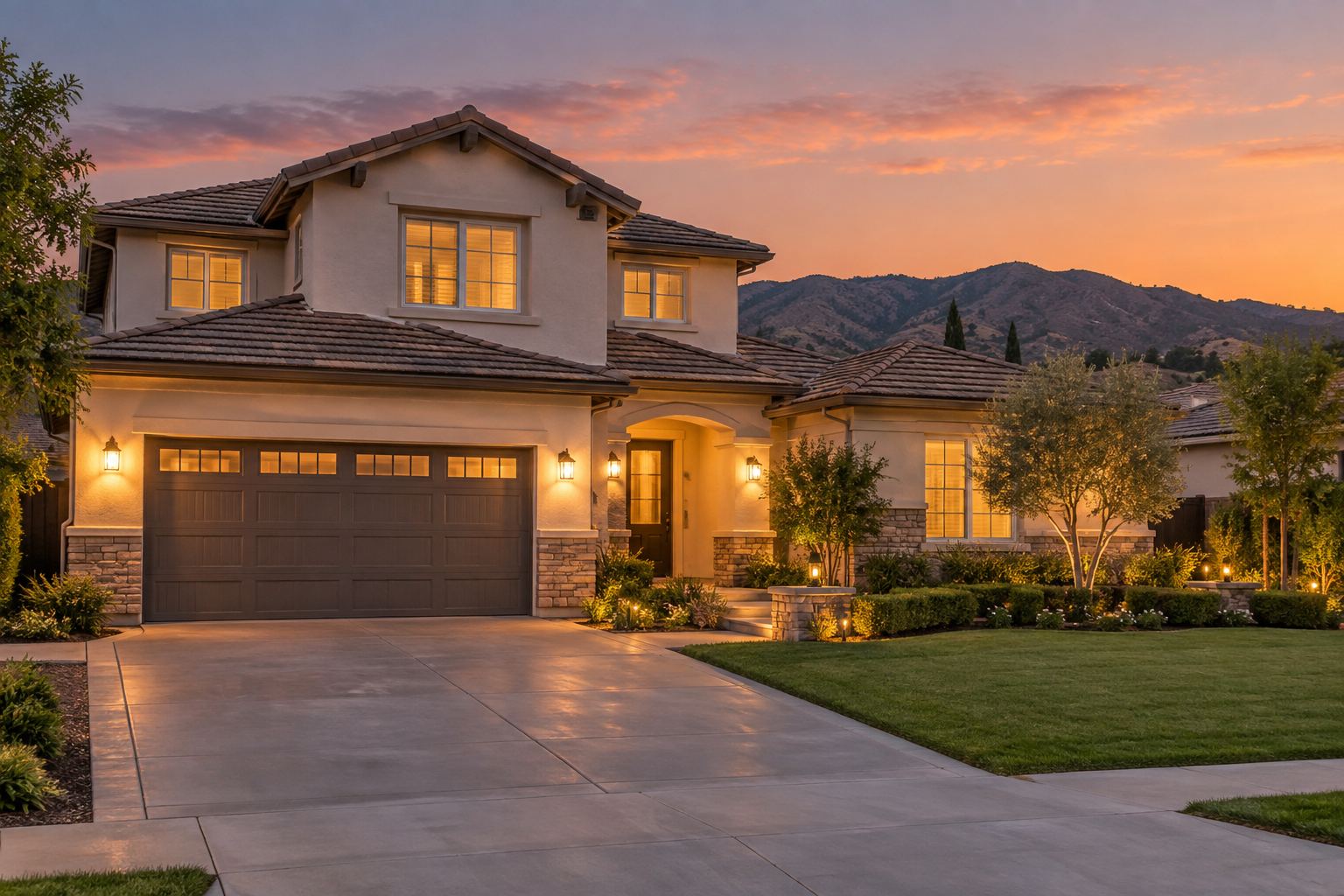 A Southern California home exterior at dusk, illustrative