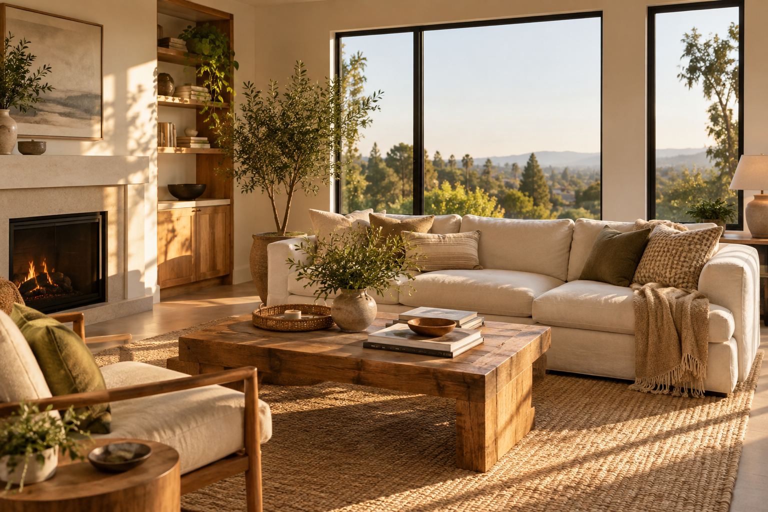 A cozy Southern California living room, illustrative